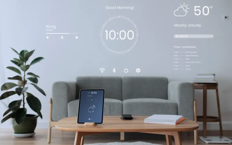 Sala de estar com tablet de controle de automação residencial sobre a mesa de centro