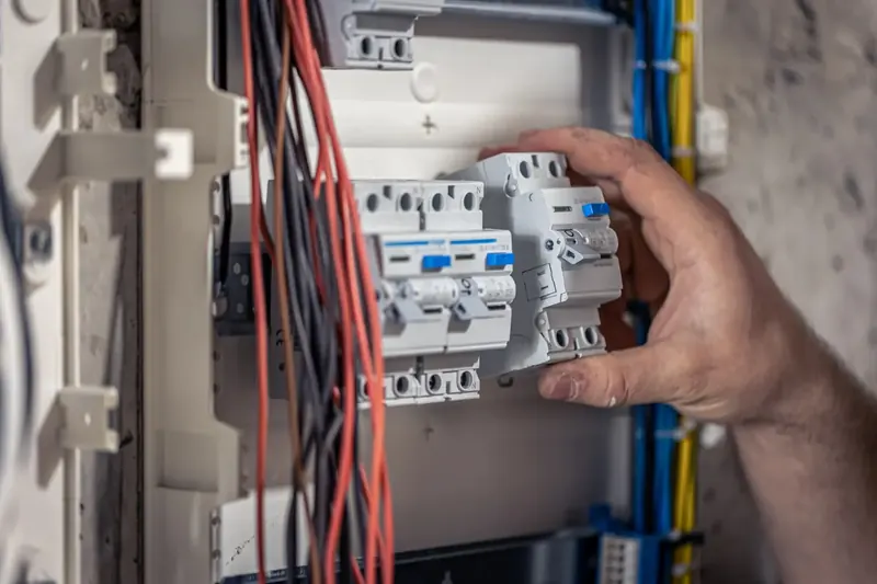 Eletricista da Powertech instalando disjuntores em um quadro de distribuição de energia