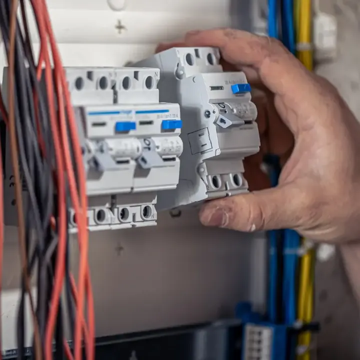 Mão de eletricista posicionando um disjuntor em quadro elétrico com fiação organizada